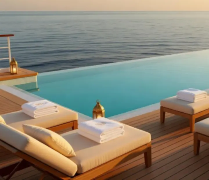 Infinity pool on a luxury cruise ship overlooking the ocean at sunset