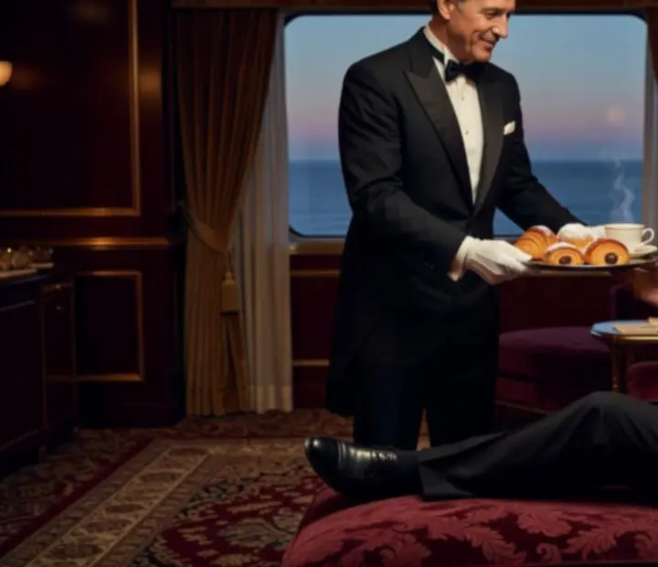 Cabin butler presenting evening turndown service with soft lighting
