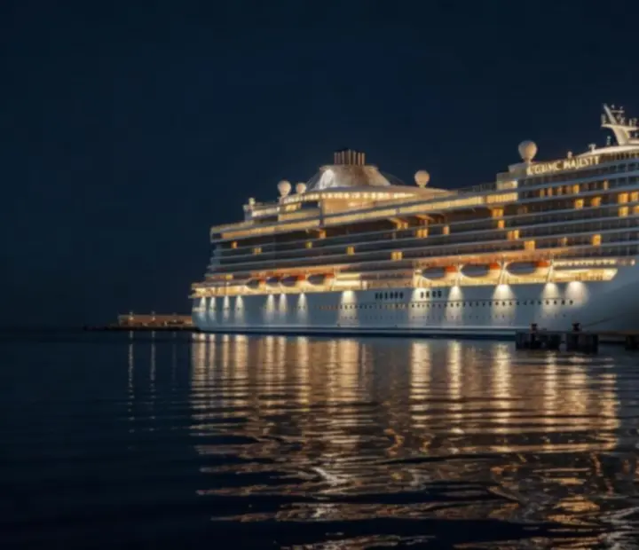 Burgundy-lit luxury cruise cabin suite with panoramic ocean-facing windows