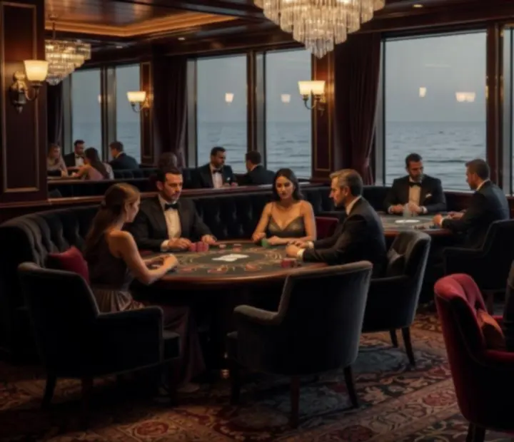 Evening cruise casino ambience with plush seating and poker tables overlooking the ocean