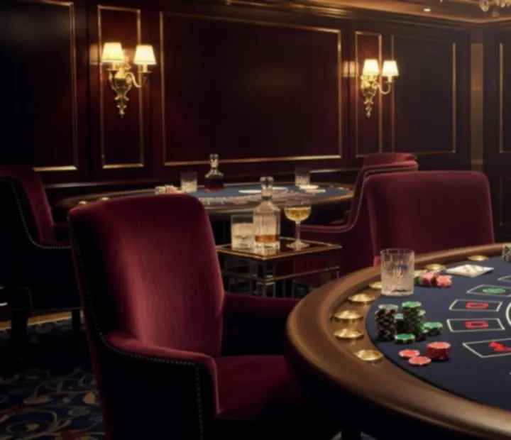 Luxury cruise casino with roulette and blackjack tables under dramatic lighting