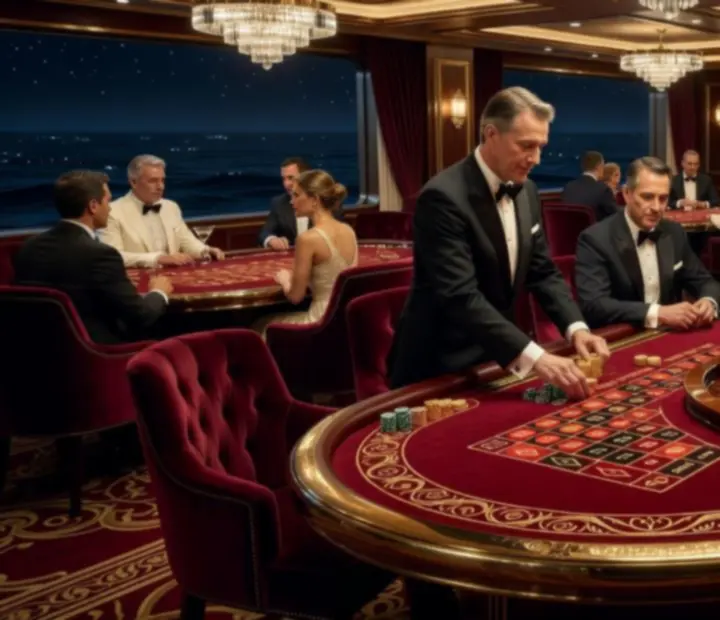 Roulette wheel and gaming tables in an elegant casino lounge