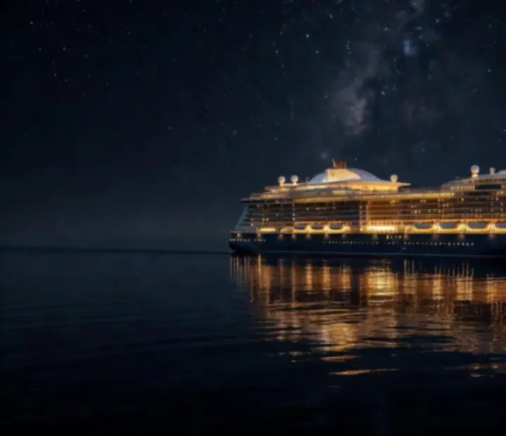 Luxury cruise liner at night with golden lights over dark ocean