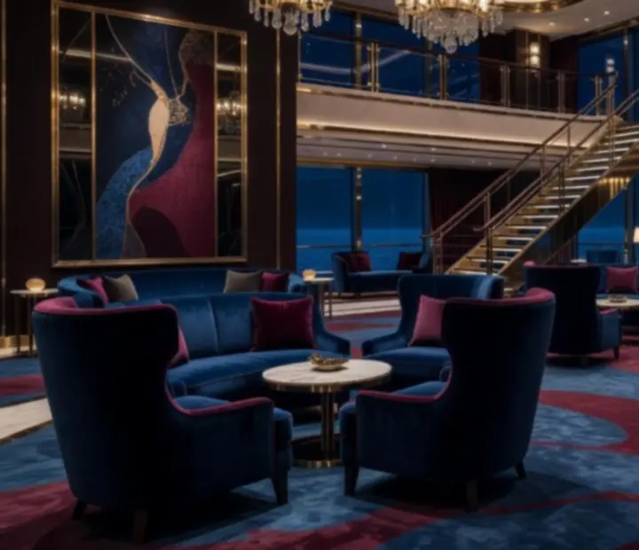 Midnight-lit cruise ship foyer with plush seating and brass fixtures
