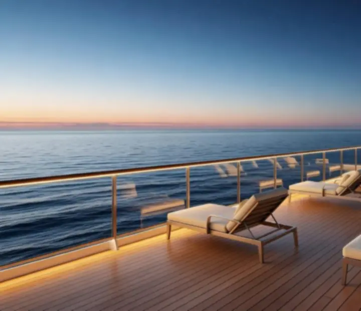 Teakwood cruise deck at evening with loungers and ocean views