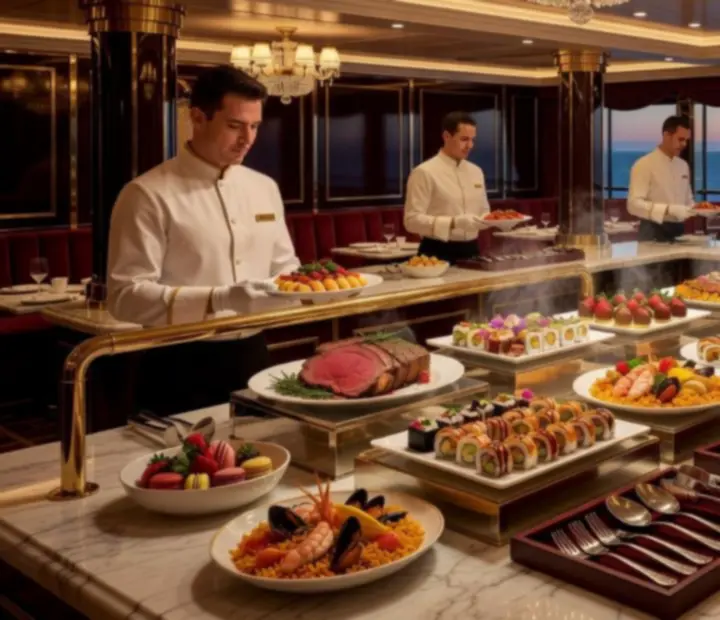 Evening gourmet buffet with ruby and gold lighting on a luxury cruise ship