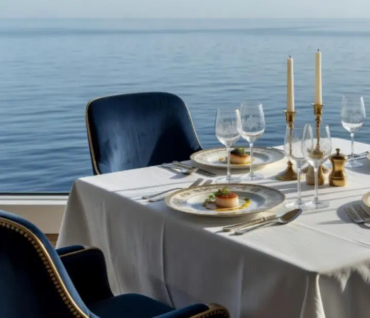 Gourmet dining table by the sea with wine glasses and candlelight