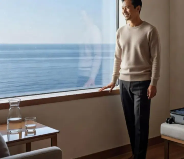 Guest relaxing in a softly lit cruise suite with notebook and ocean view