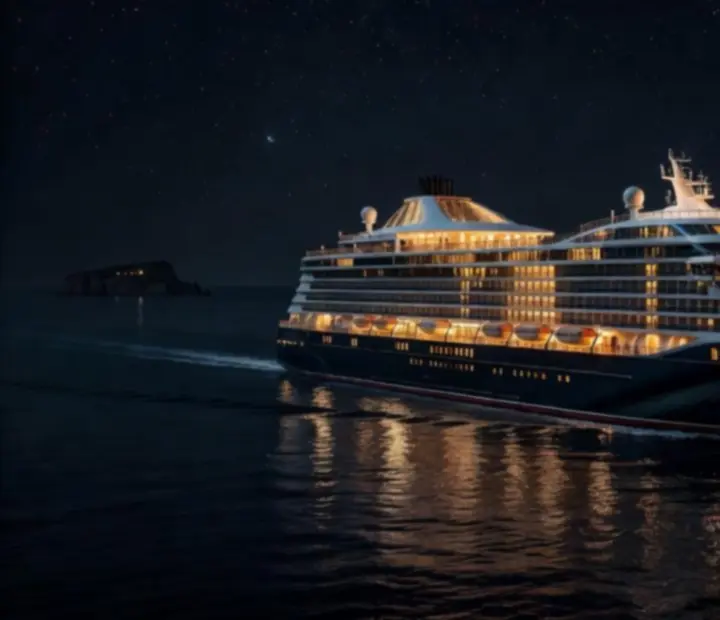 Illuminated luxury cruise liner at night sailing across calm ocean waters