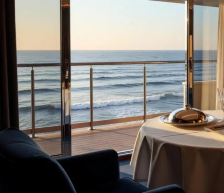 Luxury cruise suite with private in-room dining setup on the balcony