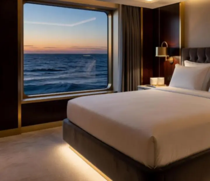 Close-up of luxury cruise cabin bedding, brass fixtures and ambient lighting