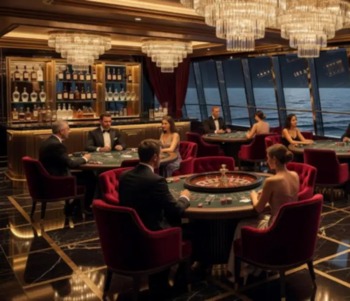 Velvet-lit cruise ship casino lounge with gaming tables overlooking the ocean