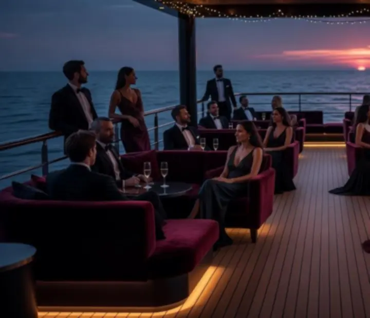 Luxury cruise deck glowing at dusk above the ocean horizon