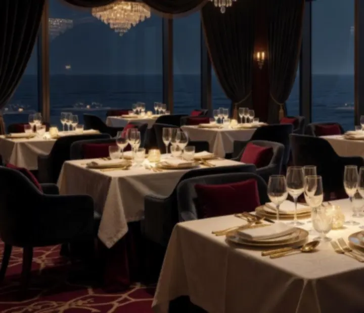 Wonderstar premier dining room glowing under midnight lighting with ocean views