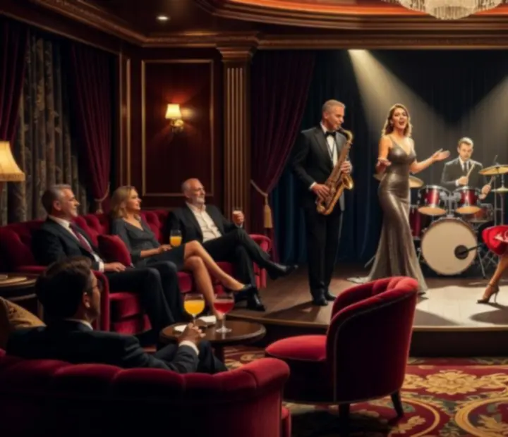 Onboard entertainment show with performers under dramatic lighting