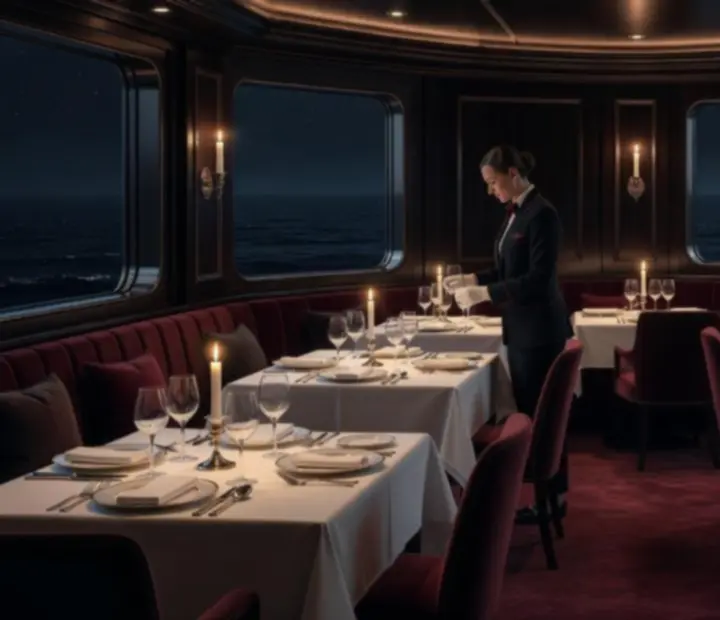 Candlelit gourmet restaurant aboard a cruise ship with elegant table settings