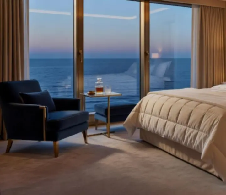 Opulent ocean-view cabin suite with floor-to-ceiling windows and warm lighting