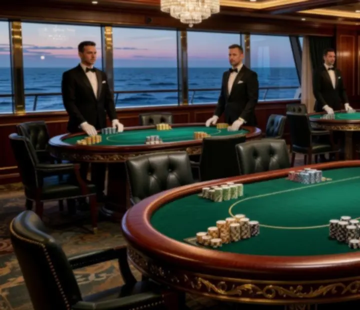 Luxury poker tables with professional setup in a cruise ship casino