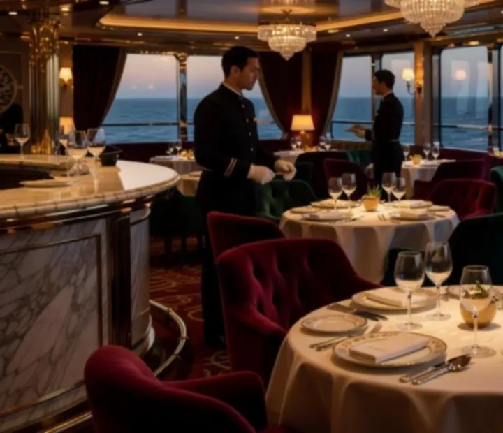 Elegant evening dining lounge on a luxury cruise ship with candlelit tables and ocean views