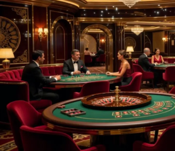 Ruby red casino lounge with polished gaming tables and golden highlights