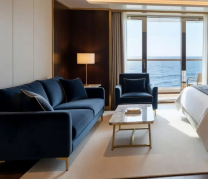 Signature cruise suite cabin with velvet accents and warm lighting