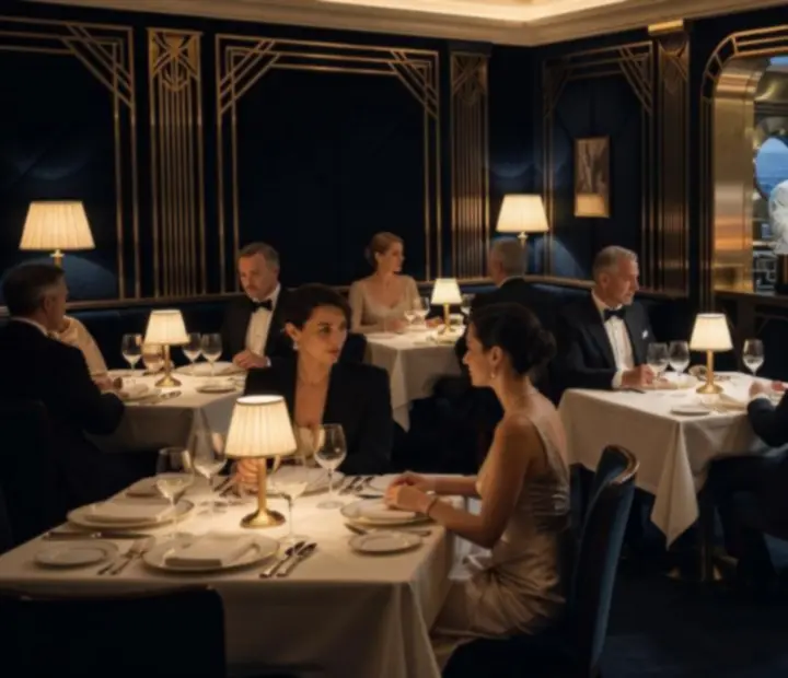 Signature restaurant interior with deep ruby lighting and elegant table settings