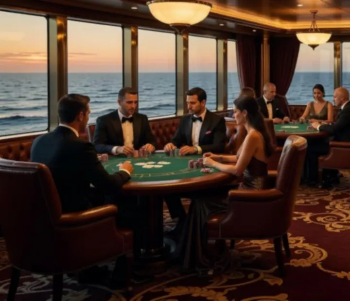 VIP casino lounge area with private seating and premium cocktails on a cruise ship