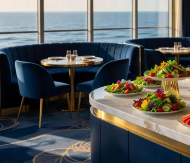 Navy and gold wellness café interior on a cruise ship